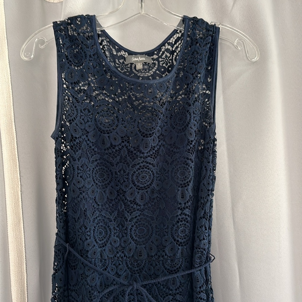 Neiman Marcus Lace Long Column Dress - Navy Blue